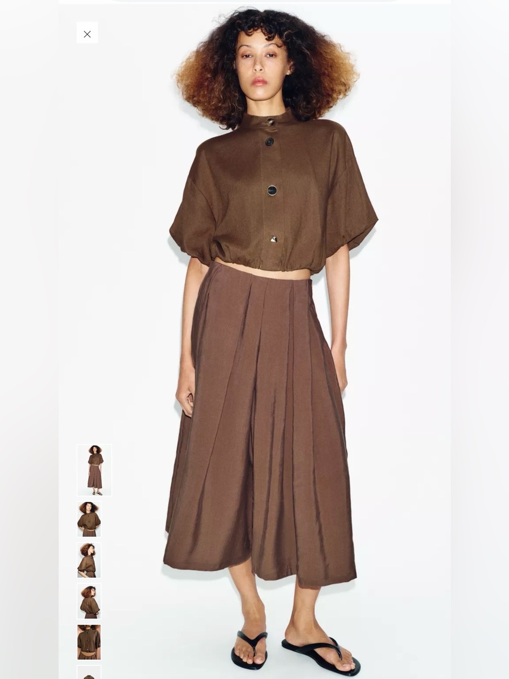 Zara Brown Cropped Button-Up Top